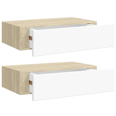 vidaXL Półki ścienne z szufladą, 2 szt., dąb i biel, 40x23,5x10cm, MDF