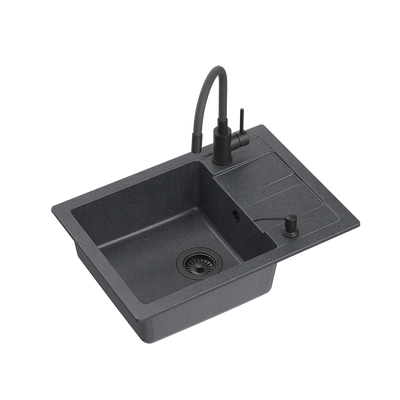 READY- SMART CZARNY zlewozmywak granitowy 1-k z/o (62x44x17,5) + bateria z elastyczną wylewką very black + dozownik very black + syfon very black