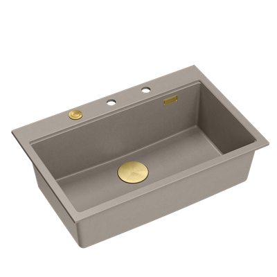 Zlewozmywak granitowy MARC 1-komorowy 76x50 cm szarobeżowy/soft taupe + Nano ZŁOTO PVD