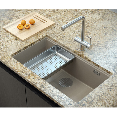 Zlewozmywak granitowy LOGAN 110 – jednokomorowy, wpuszczany, pearl beige/elementy stalowe, Quadron