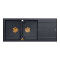 EVAN 121 GraniteQ zlewozmywak z syfonem Push To Open 2-komorowy z/o (1160x500x210; kom. 420x340) black diamond / elementy miedziane