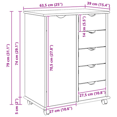 Rolkowa szafka 63,5 x 39 x 79 cm Lite drewno sosnowe Szary
