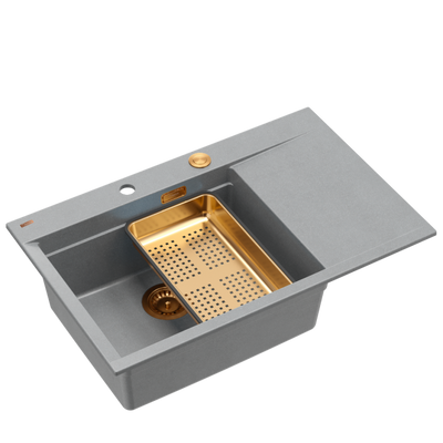 JOSH 111 GraniteQ zlewozmywak 1-komorowy z/o (780x500x215) silver stone  + syfon push 2 open + deska + wkładka/ elementy miedziane