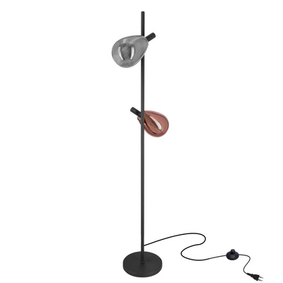 Lampa podłogowa Denso czarna dwupunktowa szklane klosze dymiony i miedziany