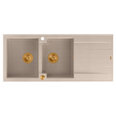 Zlewozmywak granitowy EVAN 121 – dwukomorowy, wpuszczany, pearl beige/elementy miedziane, Quadron