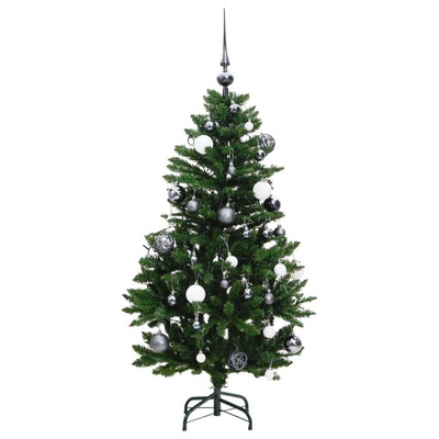 vidaXL Sztuczna choinka na zawiasach, 150 lampek LED i bombki, 120 cm