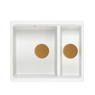 QUADRON | LOGAN 150 | granitowy zlewozmywak kuchenny BIAŁY + MIEDŹ PVD | wymiary: 56 x 46 x 22 cm | 1,5-komorowy podwieszany | podbudowa szafki od: 60 cm