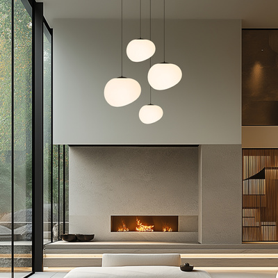 Lampa wisząca STONES 25 cm w stylu Japandi - z białym akrylowym kloszem inspirowanym kamieniem - minimalistyczne oświetlenie sufitowe do salonu E27