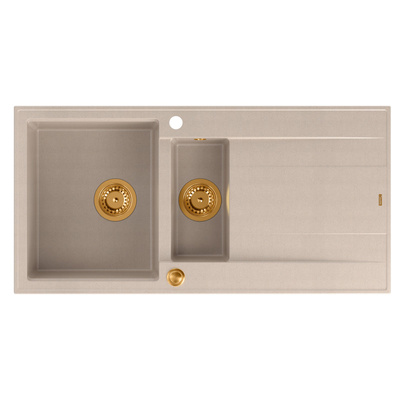 Zlewozmywak granitowy EVAN 156  – półtorakomorowy, wpuszczany, pearl beige/elementy miedziane, Quadron