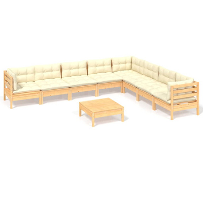 9-cz. zestaw wypoczynkowy do ogrodu, kremowe poduszki, sosnowy