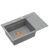 JOSH 111 GraniteQ zlewozmywak 1-komorowy z/o (780x500x215) silver stone  + syfon push 2 open + deska + wkładka/ elementy miedziane