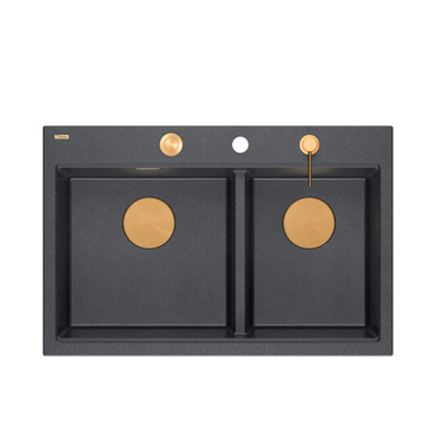 Zlewozmywak granitowy MARC 120 WORKSTATION – dwukomorowy, wpuszczany, black diamond/elementy miedziane + AKCESORIA, Quadron