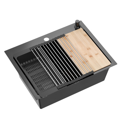 Zlewozmywak stalowy LUKE 110 WORKSTATION – jednokomorowy, wpuszczany, stal black metal/elementy black metal + AKCESORIA, Quadron model standard