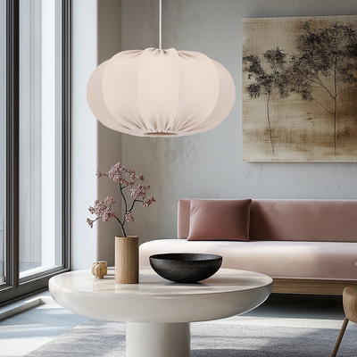 Lampa wisząca CAFEE' skandynawska z abażurem beżowym frappe 52 cm - minimalistyczne oświetlenie sufitowe w stylu japandi E27