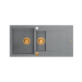 EVAN 156 GraniteQ zlewozmywak z syfonem Push To Open 1,5-komorowy z/o (1000x500x210; kom. 420x480) silver stone / elementy miedziane