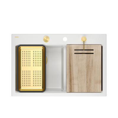 Zlewozmywak granitowy MARC 120 WORKSTATION – dwukomorowy, wpuszczany, snow white/elementy złote + AKCESORIA, Quadron