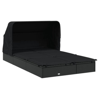 vidaXL Leżak 2-os., składany dach, czarny, 213x118x97 cm, polirattan