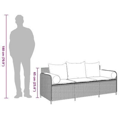Sofa ogrodowa z poduszkami, 3-osobowa, czarna, polirattan