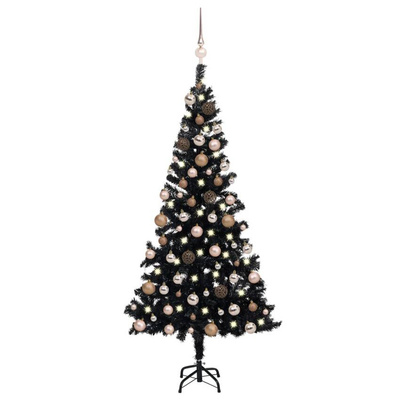 vidaXL Sztuczna choinka z lampkami i bombkami, czarna, 150 cm, PVC model standard