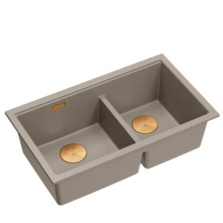 Zlewozmywak granitowy LOGAN 120 – dwukomorowy, podwieszany, soft taupe/elementy miedziane, Quadron