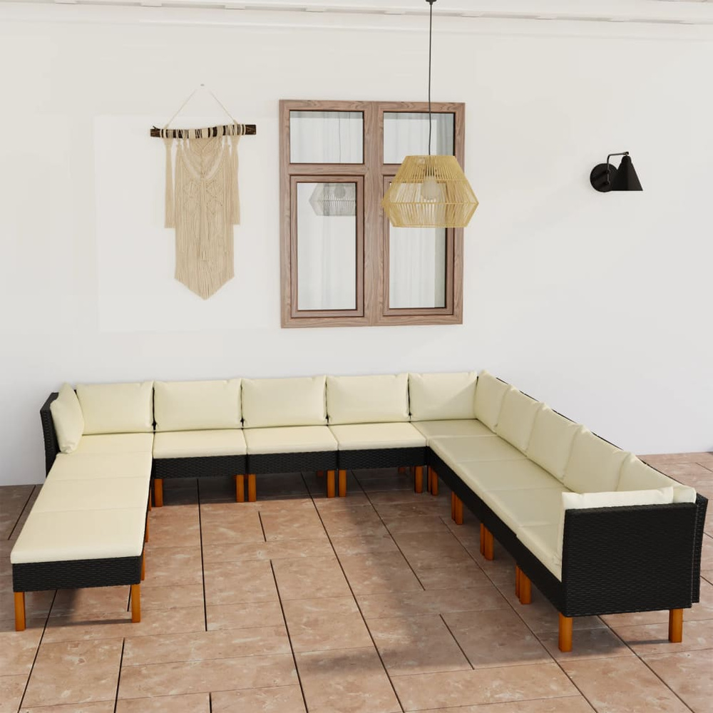 12-cz. zestaw wypoczynkowy, poduszki, rattan PE, czarny