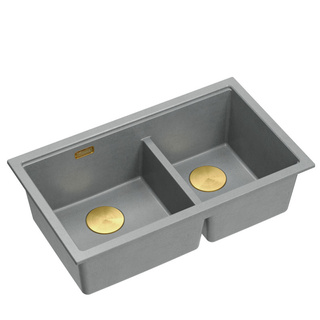 Zlewozmywak granitowy LOGAN 120 – dwukomorowy, podwieszany, silver stone/elementy złote, Quadron