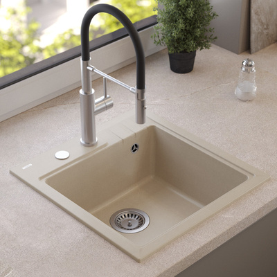 Zlewozmywak granitowy PETER 110 – jednokomorowy, wpuszczany, pearl beige/elementy stalowe, Quadron