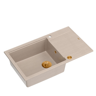 Zlewozmywak granitowy EVAN 136 XL – jednokomorowy, wpuszczany, pearl beige/elementy miedziane, Quadron