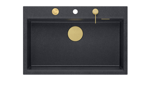 Zlewozmywak granitowy MARC 1-komorowy 76x50 cm czarny/black diamond + Nano ZŁOTO PVD