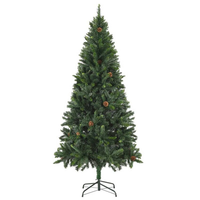 vidaXL Sztuczna choinka z lampkami i szyszkami, zielona, 210 cm