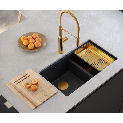 Zlewozmywak granitowy LOGAN 120 – dwukomorowy, podwieszany, pure carbon/elementy złote, Quadron