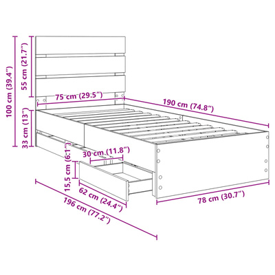 Ramka łóżka Betonowy szary 75 x 190 cm Drewno inżynieryjne
