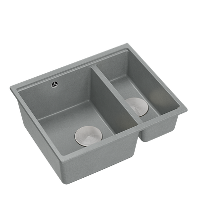 QUADRON | LOGAN 150 | granitowy zlewozmywak kuchenny SZARY + STAL | wymiary: 56 x 46 x 22 cm | 1,5-komorowy wpuszczany | podbudowa szafki od: 60 cm