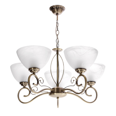 Lampa wisząca Horizon pięcioramienna z białymi kloszami patynowa szklana
