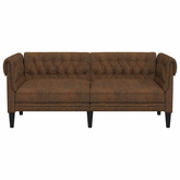 Sofa Chesterfield, dwuosobowa, brązowa, obita tkaniną