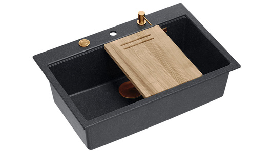 Zlewozmywak granitowy MARC 1-komorowy 76x50 cm czarny/black diamond + Nano MIEDŹ PVD