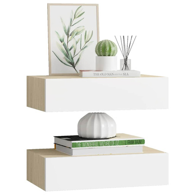 vidaXL Półki ścienne z szufladą, 2 szt., dąb i biel, 40x23,5x10cm, MDF