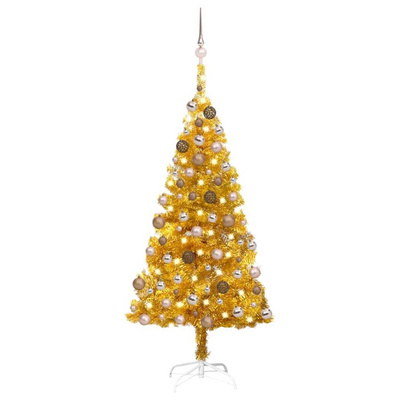 vidaXL Sztuczna choinka z lampkami i bombkami, złota, 120 cm, PET
