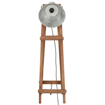 Lampa podłogowa, srebrna, E27, lite drewno mango