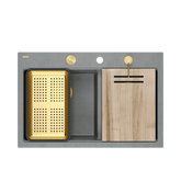 Zlewozmywak granitowy MARC 120 WORKSTATION – dwukomorowy, wpuszczany, silver stone/elementy złote + AKCESORIA, Quadron