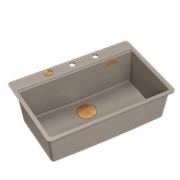 QUADRON | MARC 110 FM PRODUKT NA ZAMÓWIENIE | granitowy zlewozmywak kuchenny SZAROBEŻOWY + MIEDŹ PVD | wymiary: 75 x 49 x 24 cm | akcesoria: syfon, dozownik, deska | 1-komorowy na równi w blatem | podbudowa szafki od: 80 cm