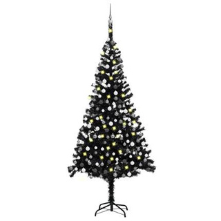 vidaXL Sztuczna choinka z lampkami i bombkami, czarna, 240 cm, PVC