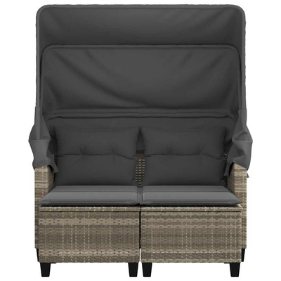 2-os. sofa ogrodowa, daszek i podnóżki, jasnoszara, rattan PE