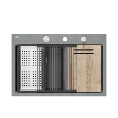 Zlewozmywak granitowy MARC 120 WORKSTATION – dwukomorowy, wpuszczany, silver stone/elementy stalowe + AKCESORIA, Quadron