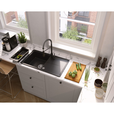 Zlewozmywak granitowy TONY 111 – jednokomorowy, wpuszczany, black dotted/elementy stalowe, Quadron