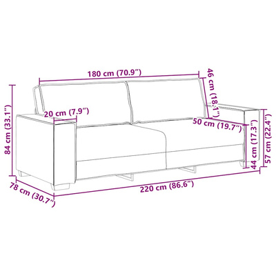 Sofa 3-osobowa, jasnoszara, 220x78x84 cm, tapicerowana aksamitem