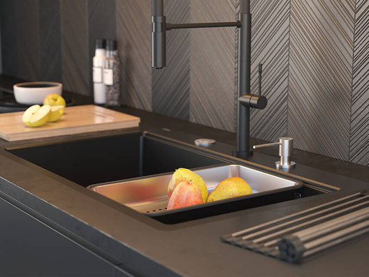 QUADRON | MARC 110 FM PRODUKT NA ZAMÓWIENIE | granitowy zlewozmywak kuchenny SZAROBEŻOWY + MIEDŹ PVD | wymiary: 75 x 49 x 24 cm | akcesoria: syfon, dozownik, deska | 1-komorowy na równi w blatem | podbudowa szafki od: 80 cm