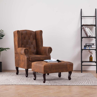vidaXL Fotel Chesterfield z podnóżkiem, brązowy, sztuczny zamsz