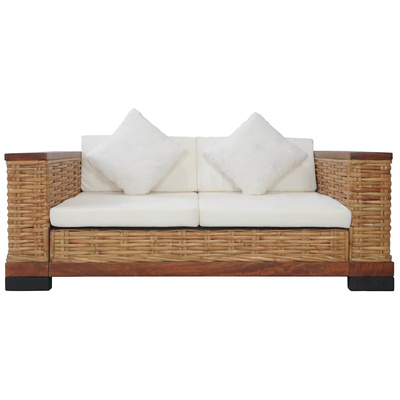 2-osobowa sofa z poduszkami, brązowa, naturalny rattan