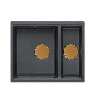 QUADRON | LOGAN 150 | granitowy zlewozmywak kuchenny CZARNY + MIEDŹ PVD | wymiary: 56 x 46 x 22 cm | 1,5-komorowy podwieszany | podbudowa szafki od: 60 cm